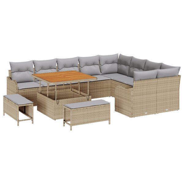 Ensemble de Canapé de Jardin 12 Pièces avec Coussins Rotin Poly Beige Acacia