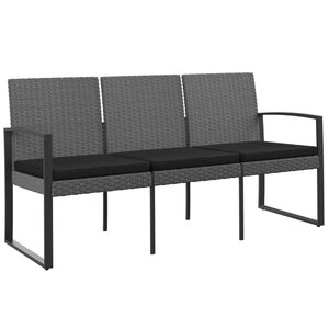 vidaXL Banc de jardin à 3 places et coussins gris foncé PP rotin