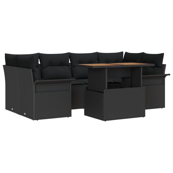 vidaXL Set de canapé de jardin 7 pièces avec coussins en poly rotin noir et acacia.
