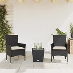 vidaXL Ensemble de bistro avec coussins 3Pièces noir résine tressée verre
