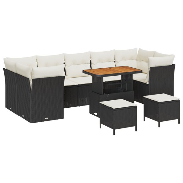 vidaXL Ensemble de Canapés de Jardin 10 Pièces avec Coussins Noir en Rattan Polyéthylène et Acacia