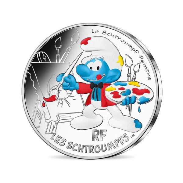 Monnaie de 10 euro argent colorisée schtroumpf peintre