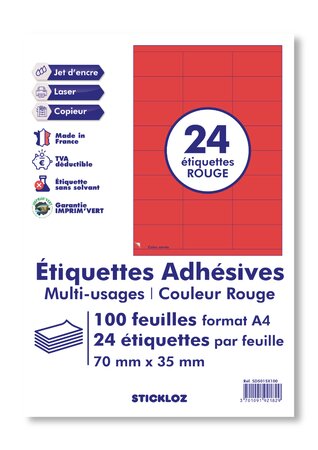 100 planches a4 - 24 étiquettes 70 mm x 35 mm autocollantes rouge par planche pour tous types imprimantes - jet d'encre/laser/photocopieuse