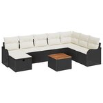 Set de canapé de jardin 9 pièces avec coussins noir en poly rattan