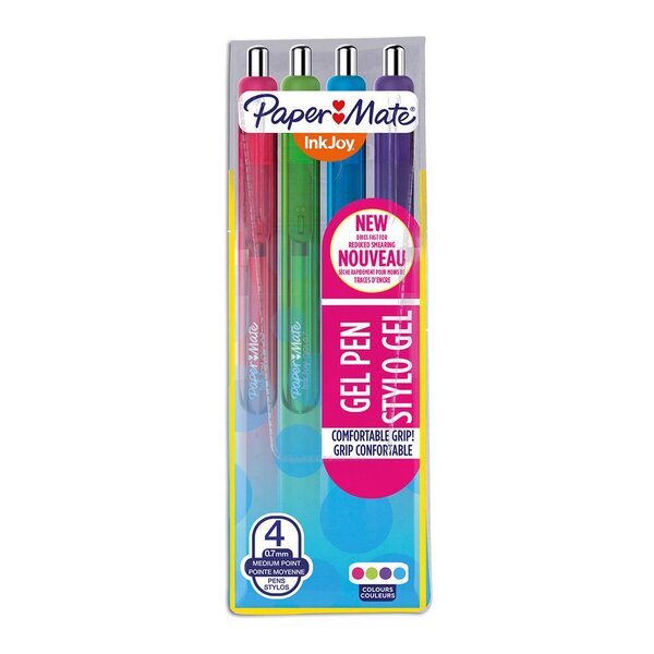 InkJoy® stylo à encre gel rétractable, pointe moyenne de 0,7 mm, couleurs d'encre assorties : Rose, vert citron, violet et bleu clair (paquet 4 unités)