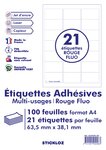 100 planches a4 - 21 étiquettes 63,5 mm x 38,1 mm autocollantes fluo rouge par planche pour tous types imprimantes - jet d'encre/laser/photocopieuse