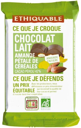 Ethiquable Chocolat Lait Amande Pétale de Céréales 100g (lot de 15)