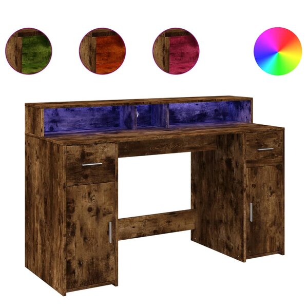 vidaXL Bureau et lumières LED chêne fumé 140x55x91cm bois d'ingénierie
