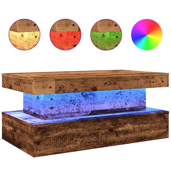 vidaXL Table basse avec lumières LED vieux bois 90x50x40 cm