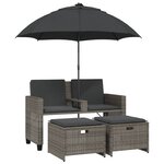 vidaXL Canapé de jardin 2 places avec parasol et tabourets gris rotin