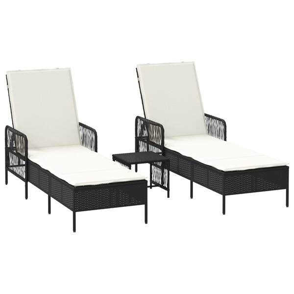 vidaXL Set de chaises longues 3 pièces Noir et crème Ratan PE  métal