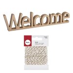 Mot en bois MDF 25 cm Welcome + Ficelle dorée & blanche 15 m