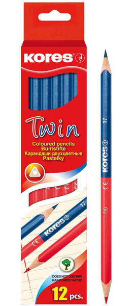 Etui 12 Crayons de couleur TWIN, bleu / rouge, triangulaire KORES