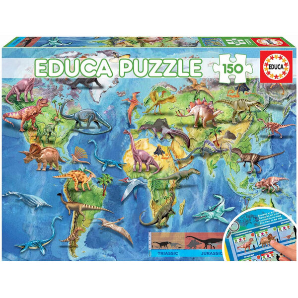 Puzzle - Carte du monde avec les dinosaures - Jeu éducatif - 150 pièces - Dès 6 ans