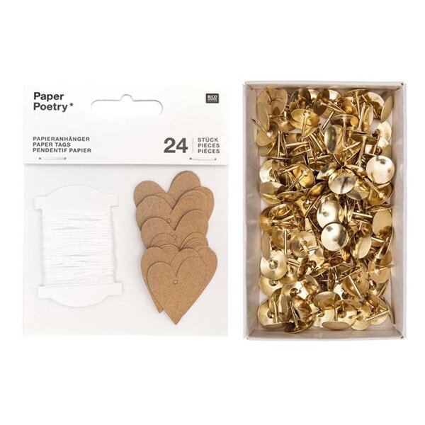 24 étiquettes à suspendre petits coeurs kraft + 150 punaises dorées
