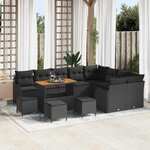 Ensemble de 13 canapés de jardin avec coussins noirs en poly rotin acacia