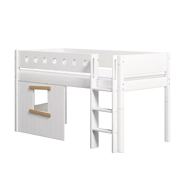 Flexa WHITE Lit mi-hauteur avec echelle droite 90 x 200 cm Facades cabane cadre chene Barriere de securite classique Blanc et chene