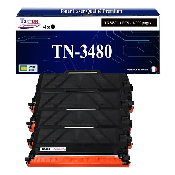 T3AZUR- 4x Toners compatibles avec Brother TN3480  TN3430  - 8 000 pages