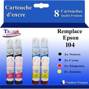 T3AZUR - 8x Bouteilles compatibles avec Epson 104 EcoTank ET-2710  ET-2720  ET-2750
