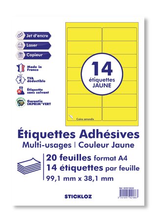 20 planches a4 - 14 étiquettes 99,1 mm x 38,1 mm autocollantes jaune par planche pour tous types imprimantes - jet d'encre/laser/photocopieuse