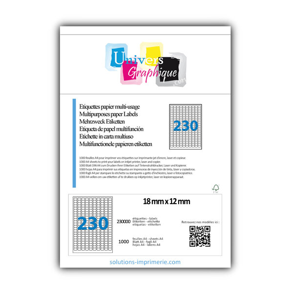 Lot de 1000 planches a4 de 230 étiquettes à bords ronds 18 x 12 mm en papier blanc 70g/m² multifonction
