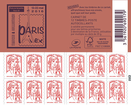 Carnet de 12 timbres Marianne - Rouge - Couverture Paris Philex 2016