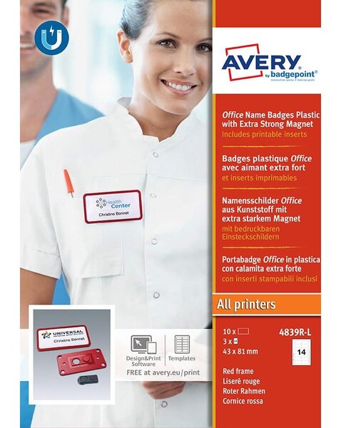 4839R-L - 10 badges Office rouges avec aimant « extra fort » – 37 x 75 mm AVERY