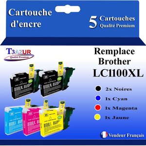 T3AZUR- Lot de 5 Cartouches compatibles avec Brother LC1100 XL pour Brother DCP195C  DCP197C  DCP365CN  DCP373CW  DCP375CW