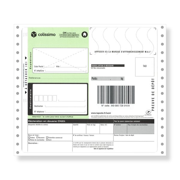 Liasses Colissimo Outre-mer sans signature - Lot de 10