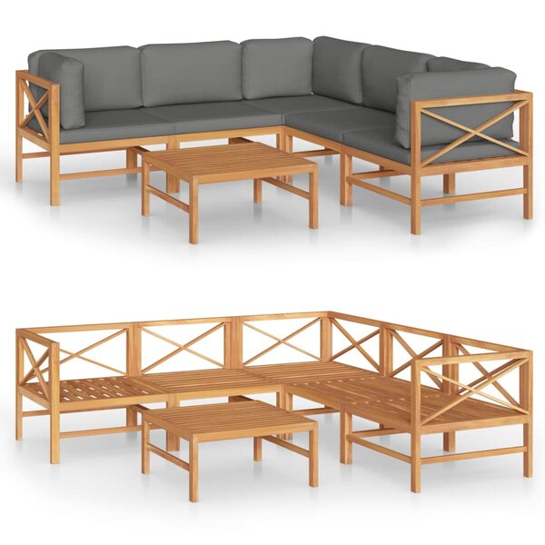vidaXL Salon de jardin 6 Pièces avec coussins gris Bois de teck solide