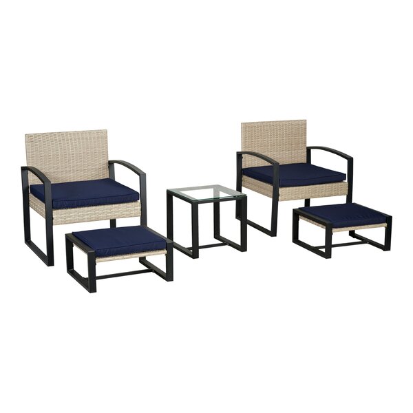 Salon de jardin 5 pièces avec table 2 chaises 2 repose-pieds aspect rotin bleu marine noir 03_0010535