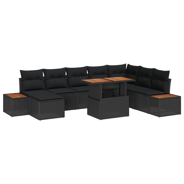 vidaXL Ensemble de salle à manger de jardin de 9 pièces avec coussins noir poly rattan acacia