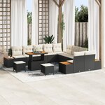 Ensemble de Canapés de Jardin 13 Pièces avec Coussins Noir Poly Rattan Acacia