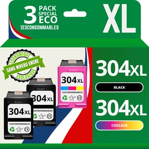 Pack 3 cartouches compatible avec HP 304 XL (2 noirs + 1 couleur) - sans niveau