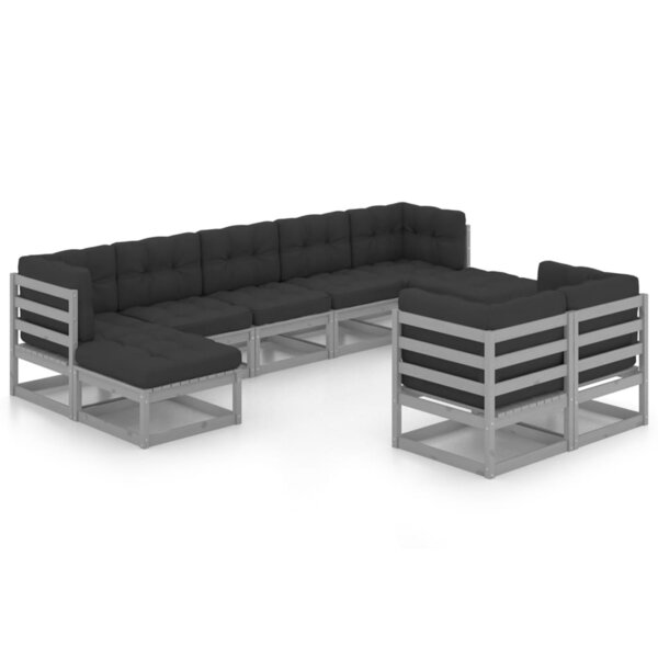 vidaXL Salon de jardin 9 Pièces avec coussins Gris Bois de pin massif