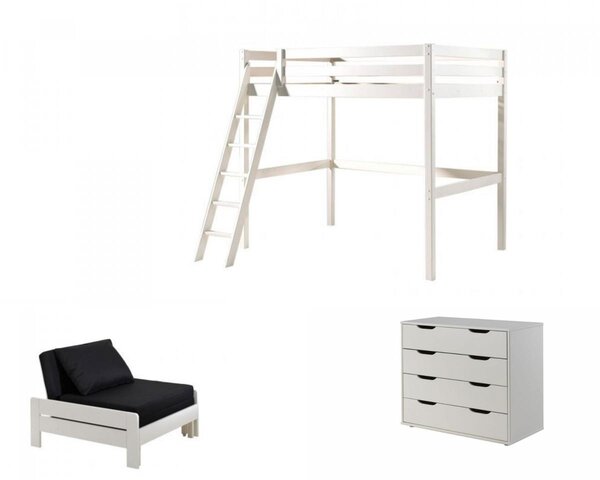 Lit mezzanine avec commode et fauteuil