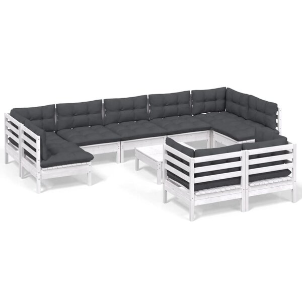 vidaXL Salon de jardin 10 Pièces avec coussins blanc bois de pin massif