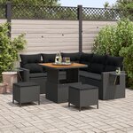 Ensemble de canapé de jardin de 8 pièces avec coussins en rotin poly noir Acacia