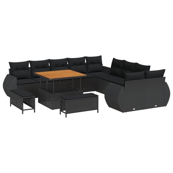 vidaXL Ensemble de canapés de jardin  13 pièces avec coussins en poly rotin noir et acacia.