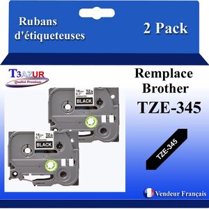 2x Rubans d'étiqueteuses compatibles avec Brother Tze345  Tze-345 pour étiqueteuses P-touch - Texte blanc sur fond noir - Largeur 18 mm x 8 mètres - T3AZUR