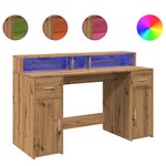Bureau table poste de travail meuble d'ordinateur informatique étude avec lumières LED chêne artisanal bois d'ingénierie brun 02_0023417