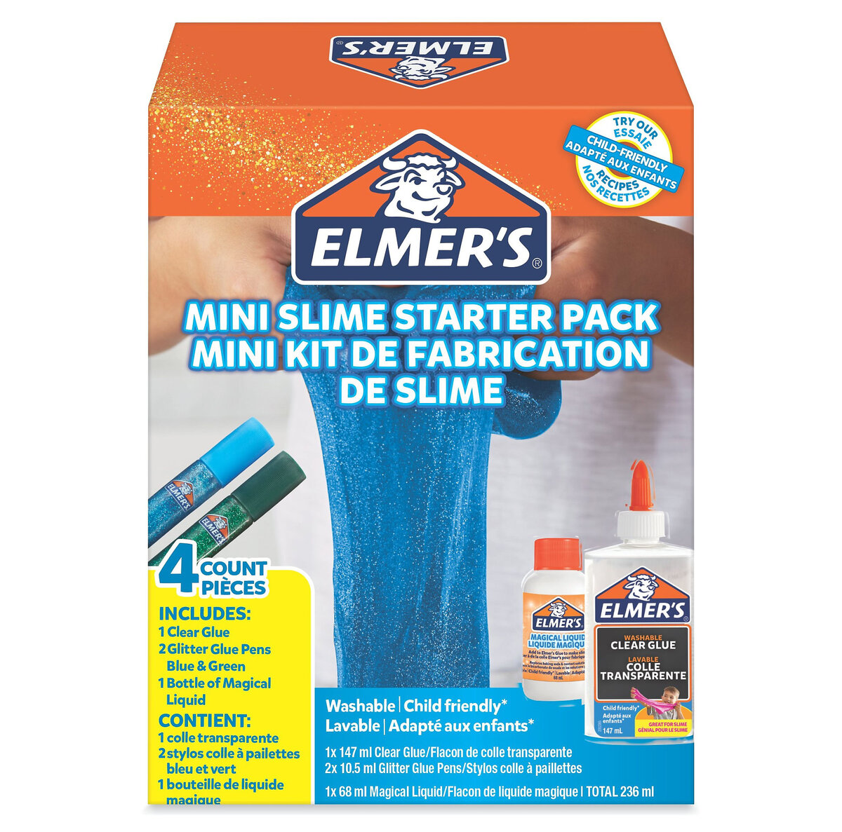 Elmer's kit pour slime pailleté | avec colles pailletées bleue et violette  + 2 flacons le liquide magique activeur pour slime | lot de 4