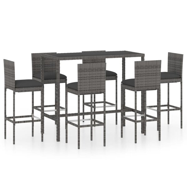 vidaXL Ensemble de bar de jardin 7 Pièces et coussins Résine tressée Gris