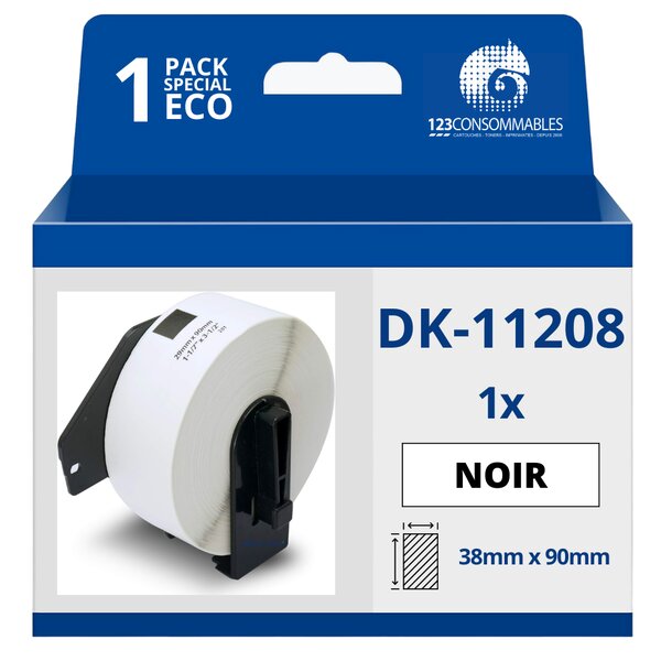 Étiquettes compatibles Brother DK11208 - 38x90 mm - 400 unités - Texte noir sur fond blanc