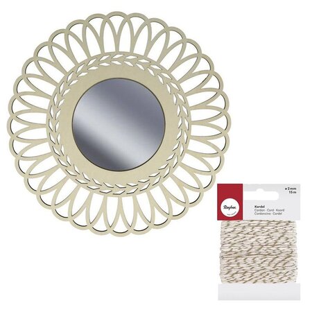 Miroir contour bois à décorer Couronne 28 cm + Ficelle dorée & blanche 15 m