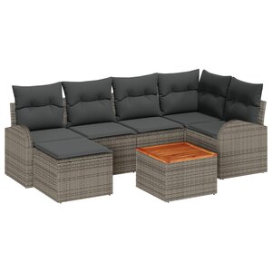 vidaXL Ensemble de Canapés Jardin 7 Pièces avec Coussins Gris Rattan Poly Acacia