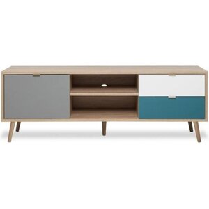 Meuble TV scandinave - chêne  gris  blanc  bleu pétrole - 1 Porte - 150 x 40 x Hauteur 51 cm