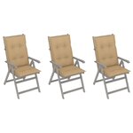 vidaXL Chaises inclinables de jardin 3 Pièces avec coussins Bois d'acacia