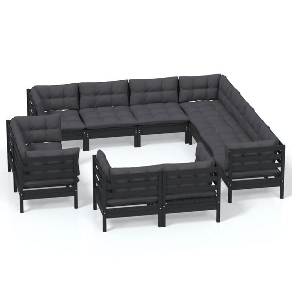vidaXL Salon de jardin 11 Pièces avec coussins Noir Bois de pin solide