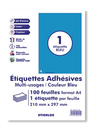 100 planches a4 - 1 étiquette 210 mm x 297 mm autocollante bleu par planche pour tous types imprimantes - jet d'encre/laser/photocopieuse